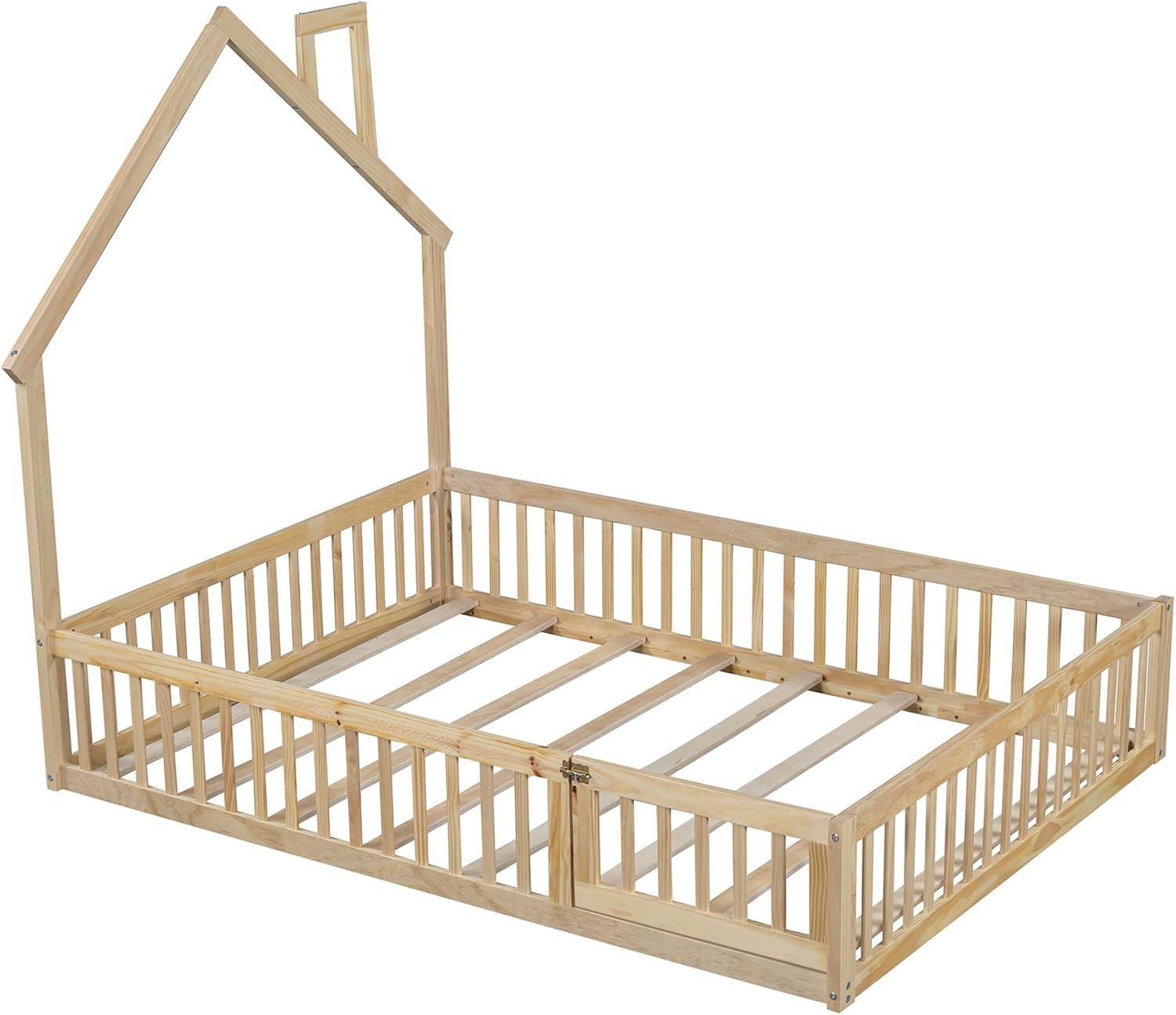 Natural Pine Full House-Shaped Montessori Bed with Guardrails