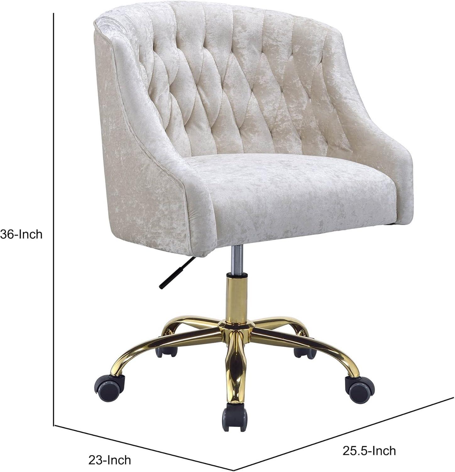 Benzara Swivel Velvet Upholstered Office Chair with Adjustable Height and Metal Base, Cream and Gold