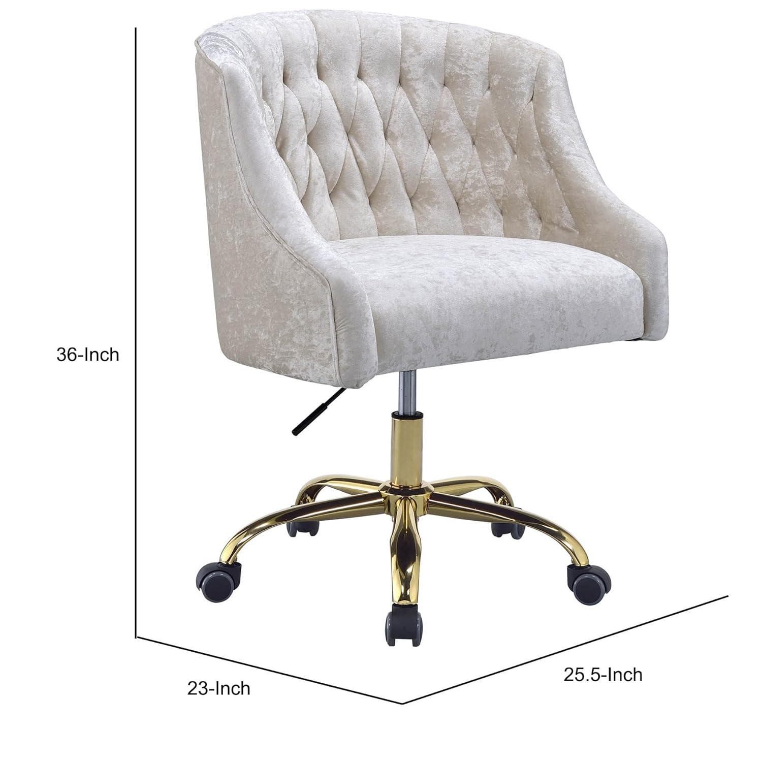 Benzara Swivel Velvet Upholstered Office Chair with Adjustable Height and Metal Base, Cream and Gold