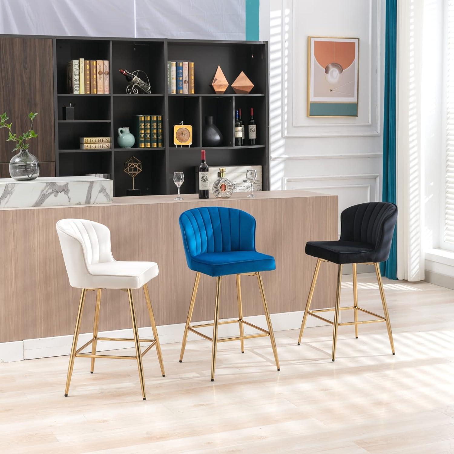Counter Height Stools Set of 2, Velvet Bar Stools with 27 Inches Upholstered Seat Height, Handmade Woven Back Armrest, Sturdy Golden Metal Legs for Home Dining Pub Kitchen Island, Beige