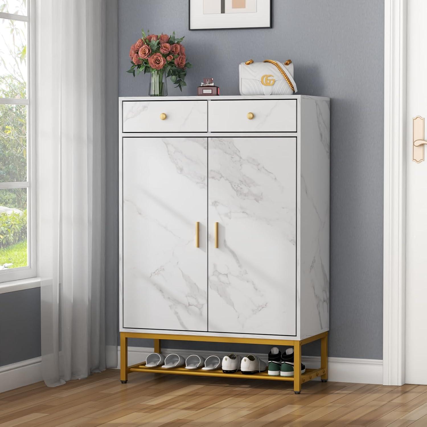 White Faux Marble 6-Tier Shoe Cabinet with Adjustable Shelves