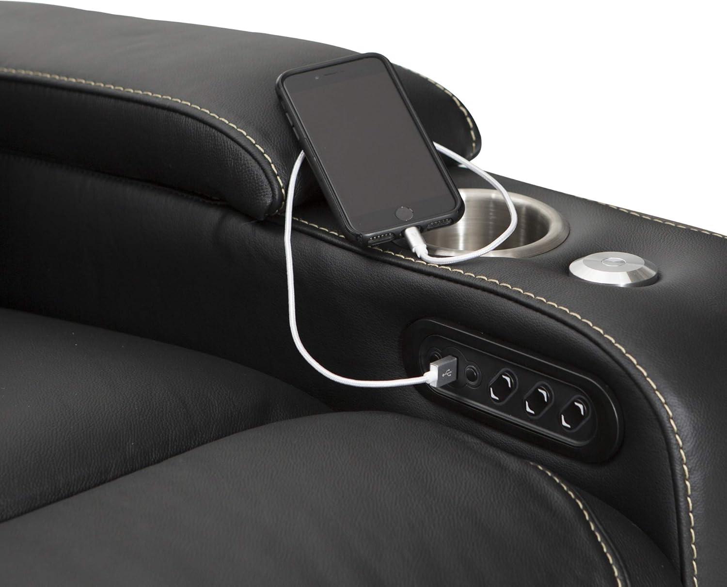 Black Leather Reclining Sofa with Cup Holders and USB Charging