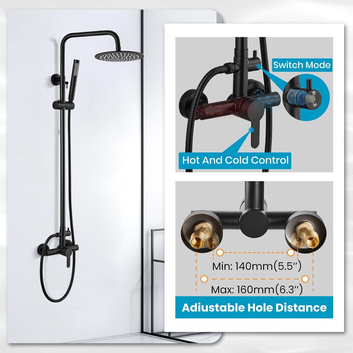 gotonovo SUS304 Outdoor Shower Fixture High Pressure Shower System Wall Mount 2 Dual Function Single Handle Shower Kit with 8 Inch Shower Head and Handheld Spray Shower Faucet Combo, Matte Black