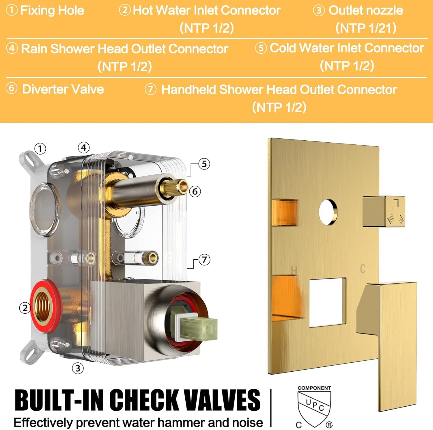 Shower system, 12" (approx. 30.5 cm) rain shower head and handheld spray bathroom shower unit with brass valve and wall trim kit Gold