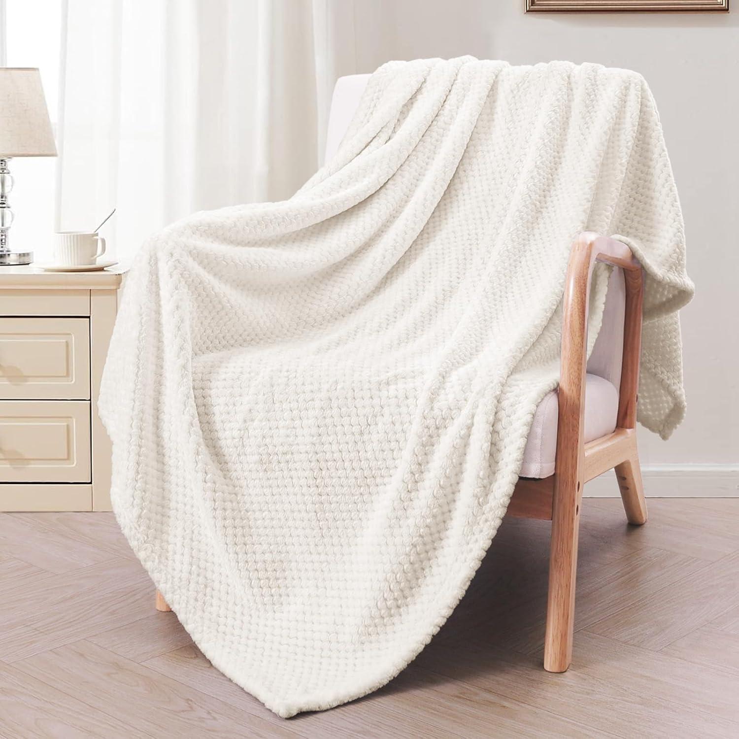 Exclusivo Mezcla Waffle Textured Extra Large Fleece Blanket, Super Soft and Warm Throw Blanket for Couch, Sofa and Bed (Off White, 50"x70")-Cozy, Fuzzy and Lightweight