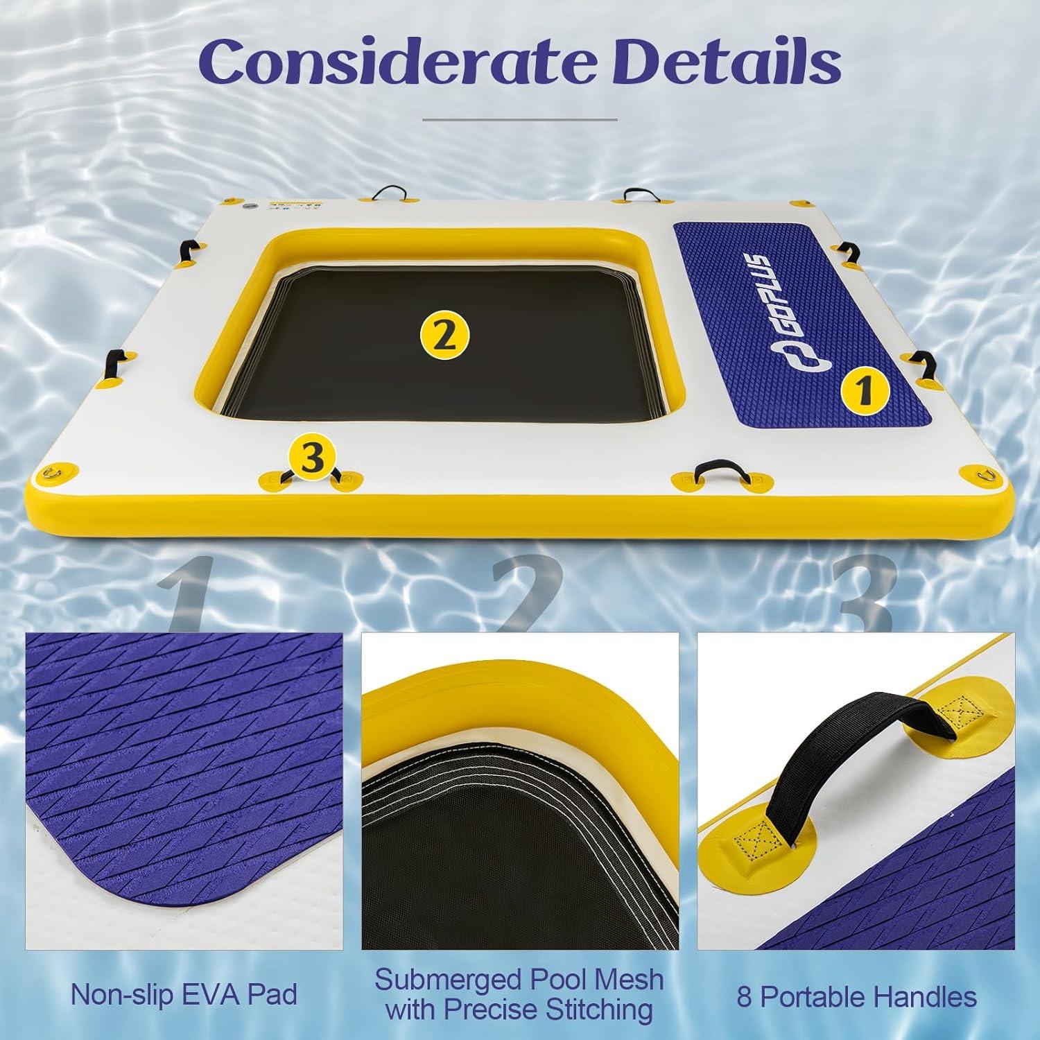 Goplus Inflatable Floating Dock, 8FT x 8FT x 6.5 Inch Thick Swim Dock Platform w/Mesh Swim Area, Non-Slip Pad, Portable Bag, Portable Bag, Water Mat Raft for Lake, Beach, River, Pool