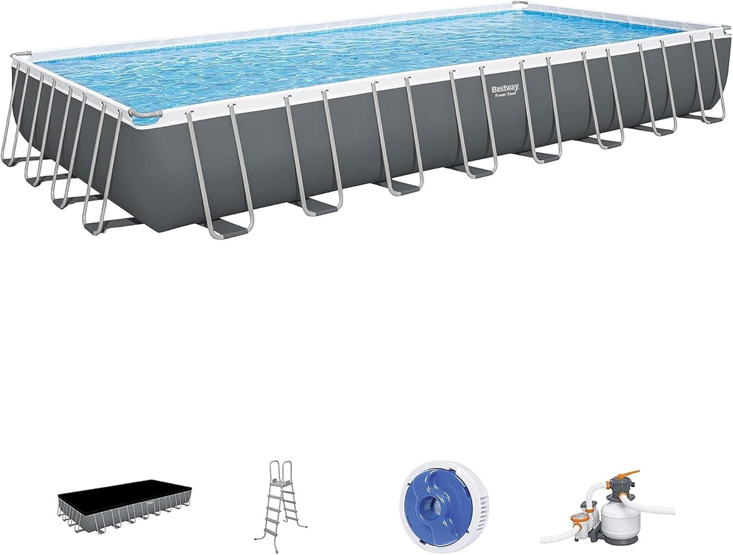 Bestway Power Steel Rectangular Metal Frame Above Ground Pool Set, Grey