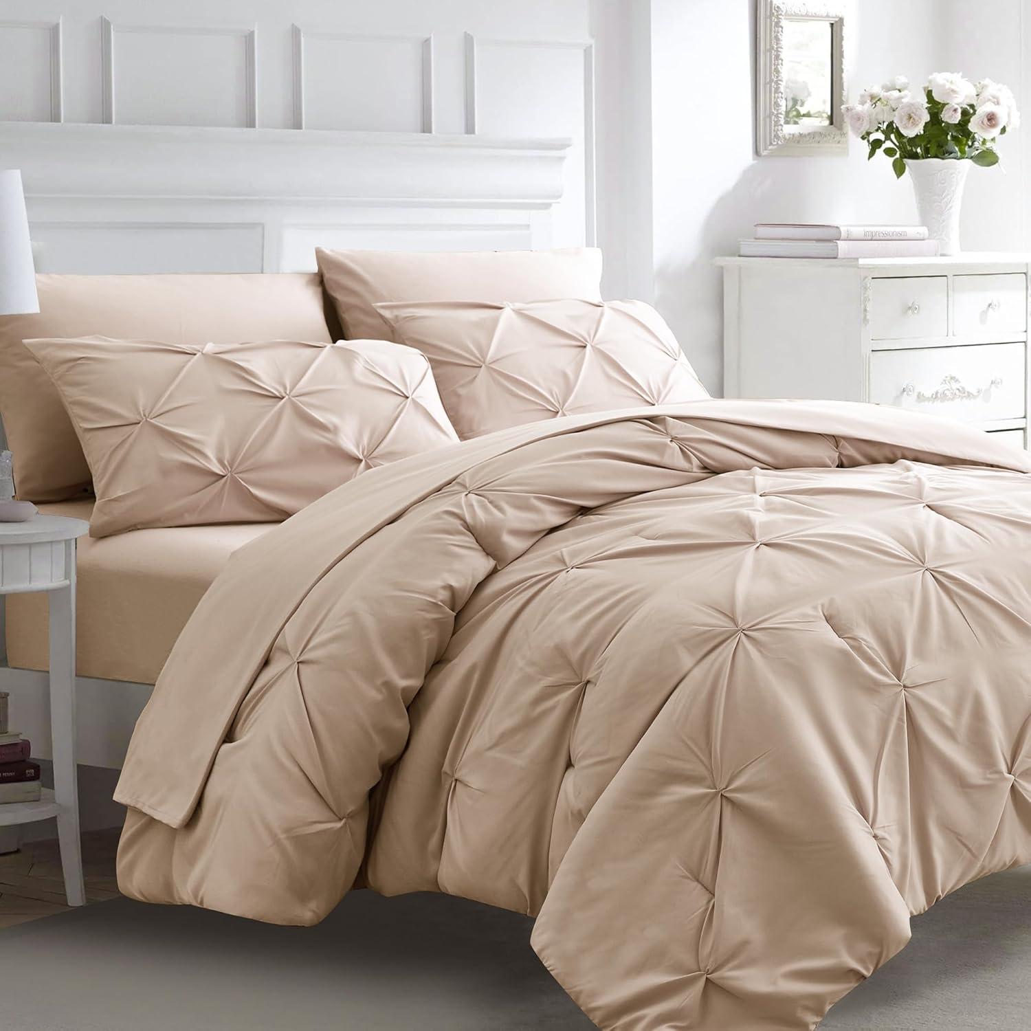 Beige Pintuck Microfiber Queen Comforter Set, 7 Piece