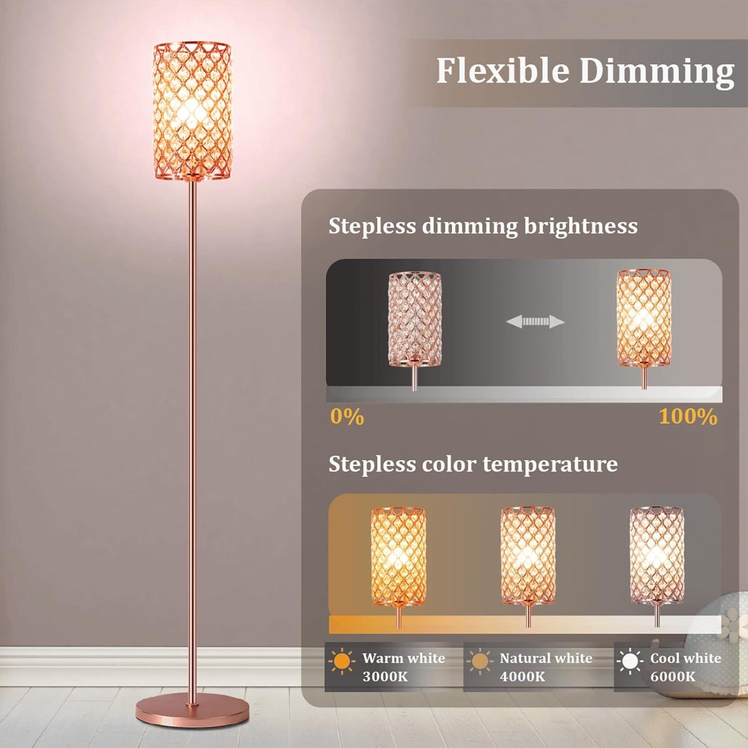 Crystal Floor Lamp with Remote Control, Smart Rose Gold Floor Lamps for Living Room with Bulb Included, Crystal Standing Lamp Rose Gold Home Décor Floor Lamp for Bedroom