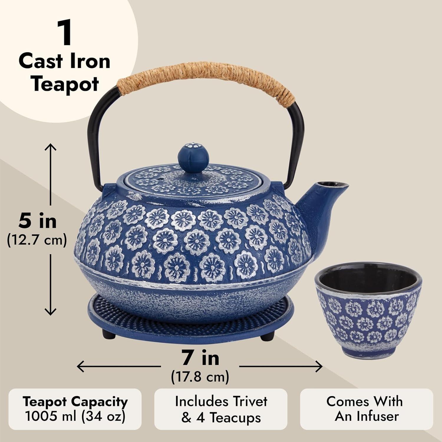 Juvale Set of 6 Blue Cast Iron Floral Teapot Kettle Set, Japanese Tea Pot with Infuser, Trivet & 4 Teacups, 32 oz