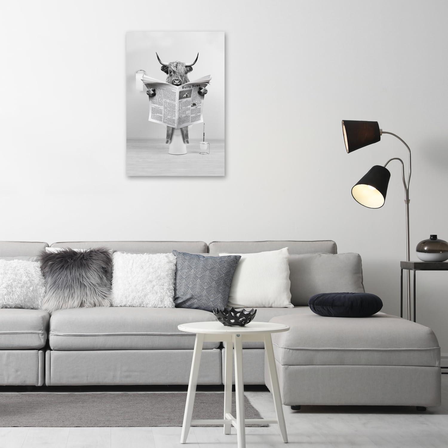 Modern Black Framed Highland Cow Wall Art Minimalist Bathroom Wall Decor Cute Funny Animals Artwork Canvas Prints Ready to Hang for Guest Bathroom, Hotel, Condo, Kids Bathroom, 12”x16”