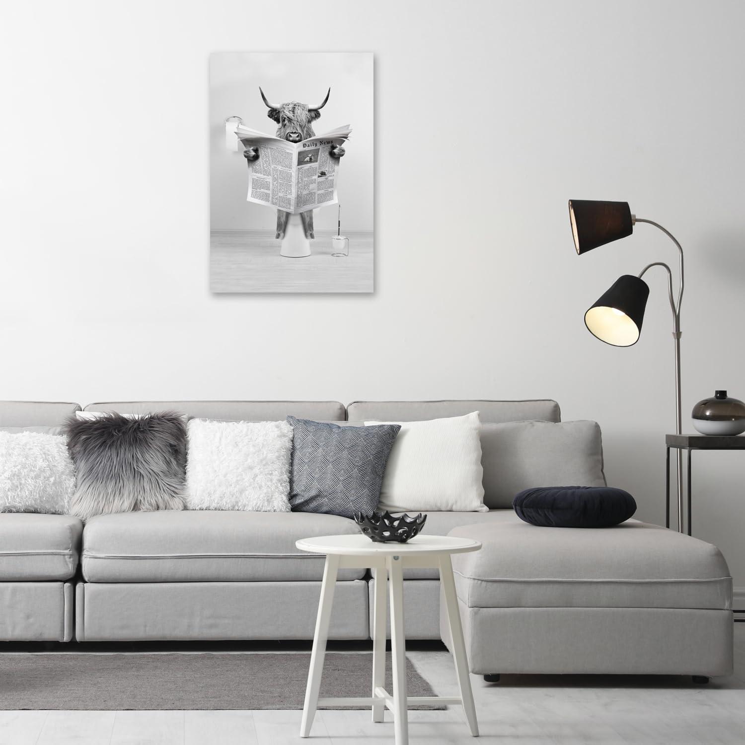 Modern Black Framed Highland Cow Wall Art Minimalist Bathroom Wall Decor Cute Funny Animals Artwork Canvas Prints Ready to Hang for Guest Bathroom, Hotel, Condo, Kids Bathroom, 12”x16”