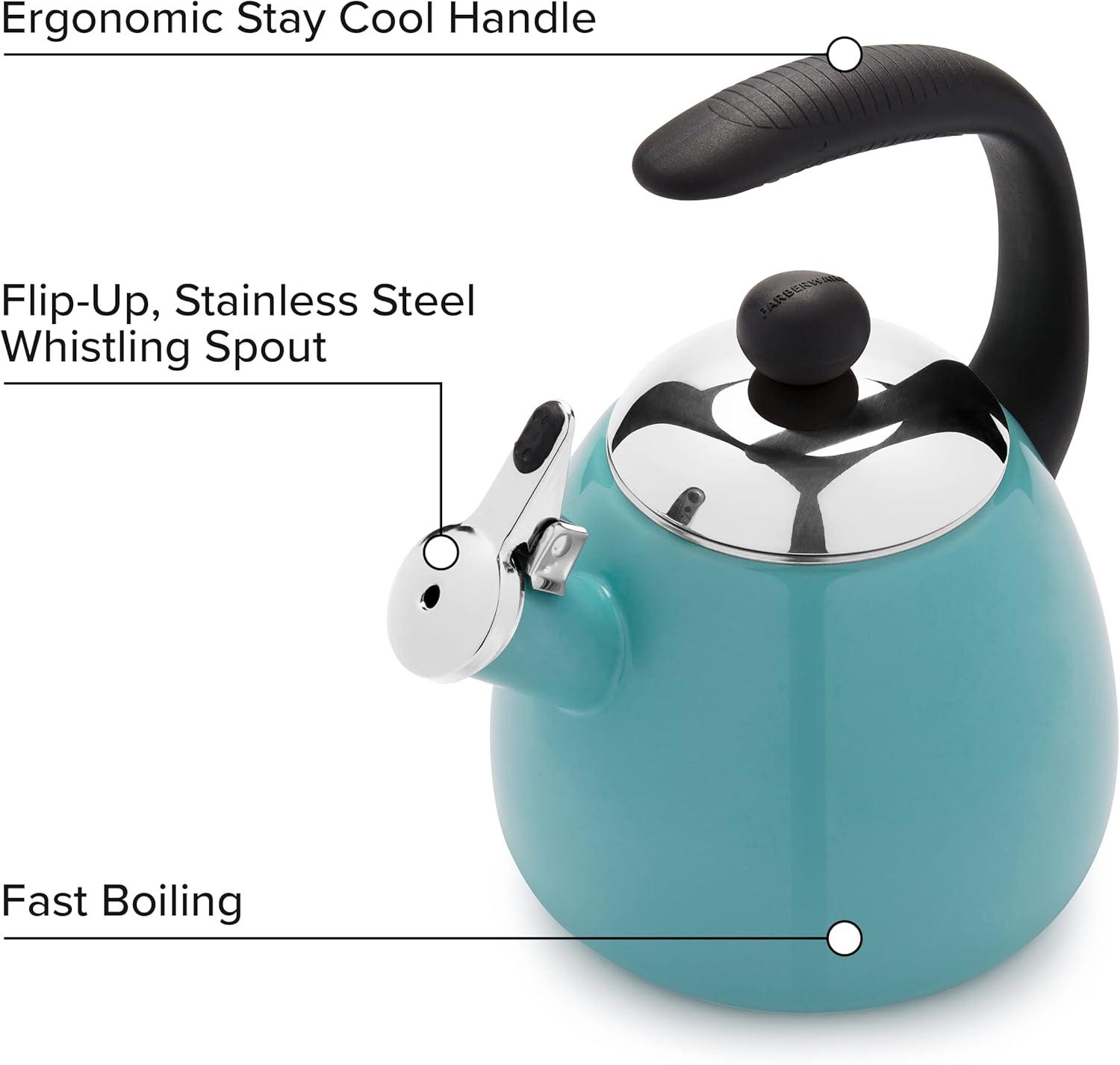 Aqua Enamel Whistling Tea Kettle with Silicone Handle, 2.5 Quart