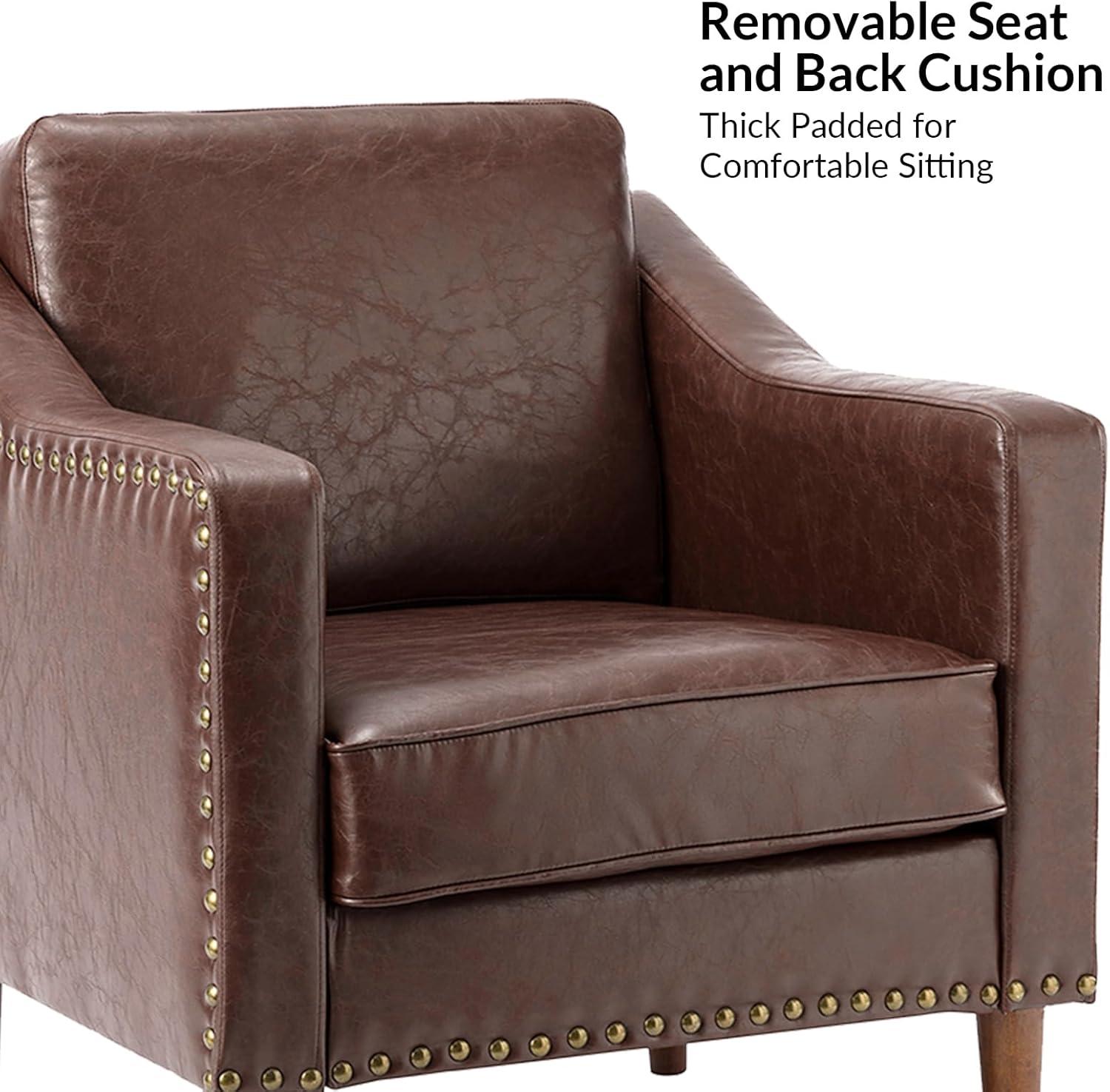 HULALA HOME Faux Leather Accent Armchairs Set of 2 with Back & Seat Cushions, Traditional Club Chairs with Nailhead Trim, Comfy Upholstered Sofa Chairs for Living Room Bedroom, Beige