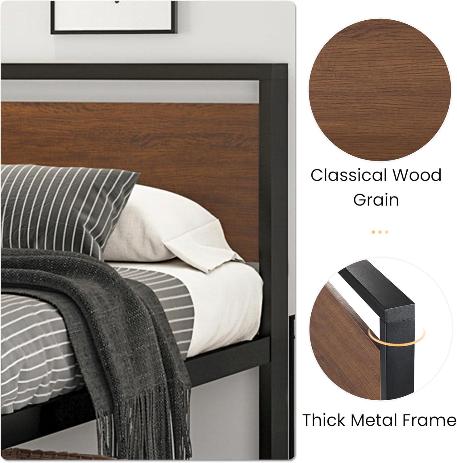 17 Stories 14 Inch Queen Size Metal Platform Bed Frame with Wooden Headboard and Footboard,No Box Spring Needed