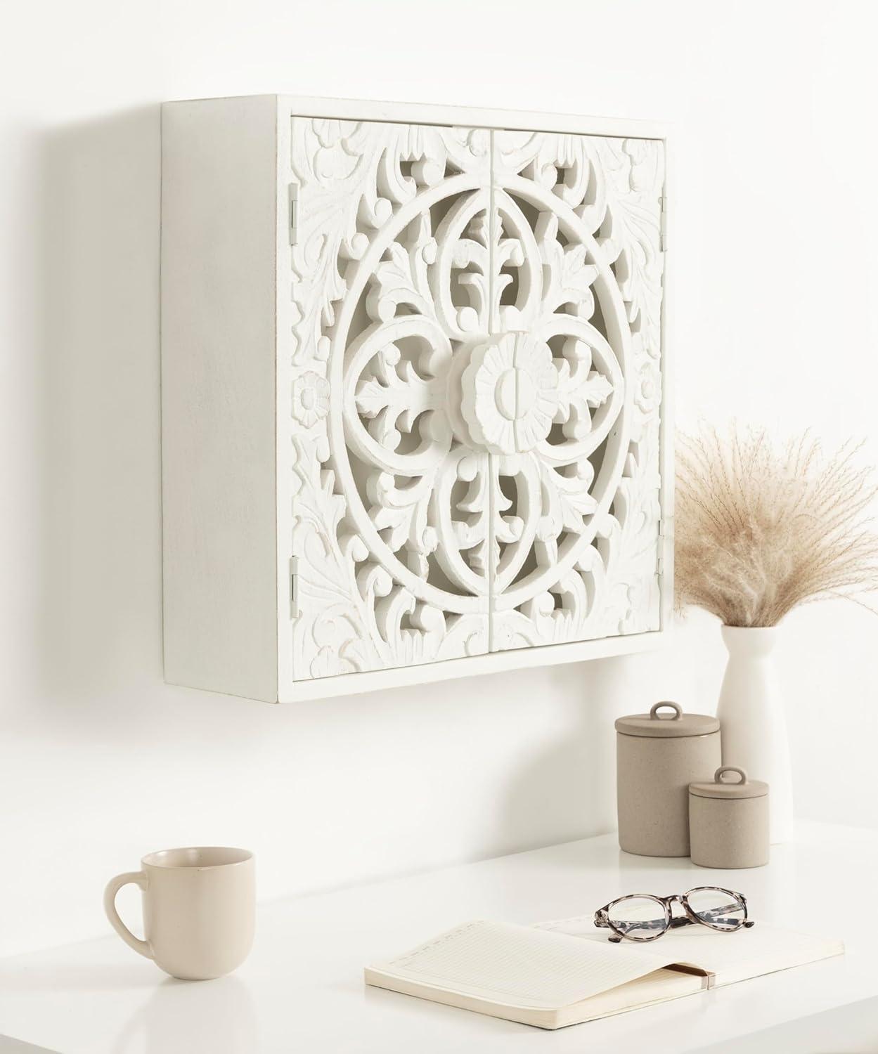 Kate & Laurel All Things Decor 20" Saanvi Traditional Carved Wood Wall Cabinet White: Artisan-Made, No Assembly, Includes Mounting Hardware