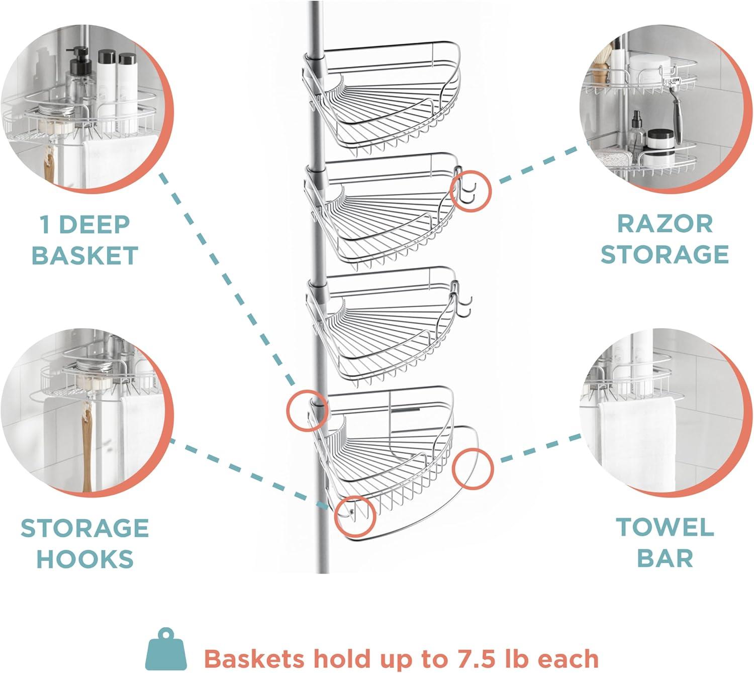 Zenna Home Tension Pole Shower Caddy 4 Basket Shelves with Built-in Towel Bar, Adjustable, 60 to 97 Inch, Chrome