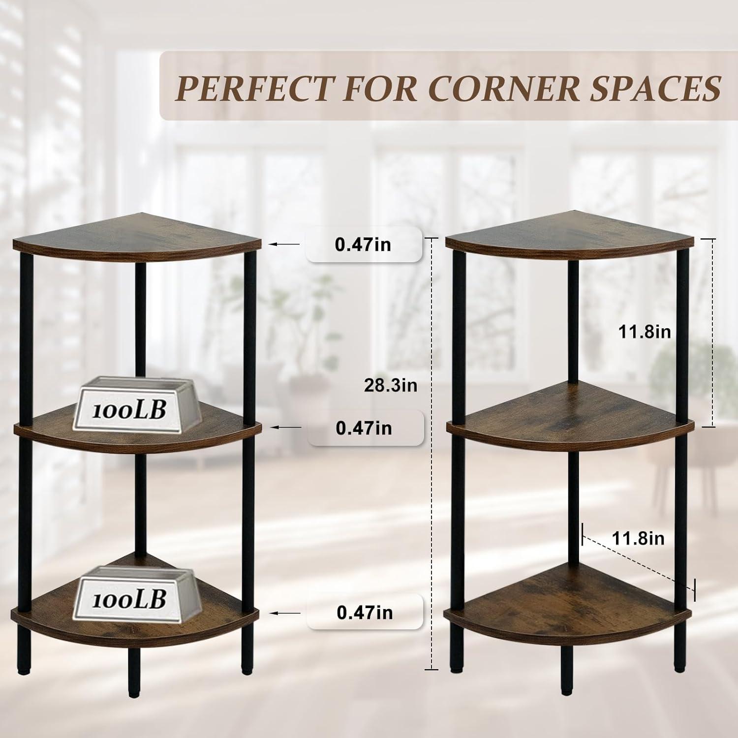 3 Tier Corner Shelf Stand, 28 Inch Rustic Industrial Corner Bookshelf, Storage Standing Shelf Unit, Plant Stand, Short Corner Table for Small Spaces in Living Room,Bedroom,Home Office