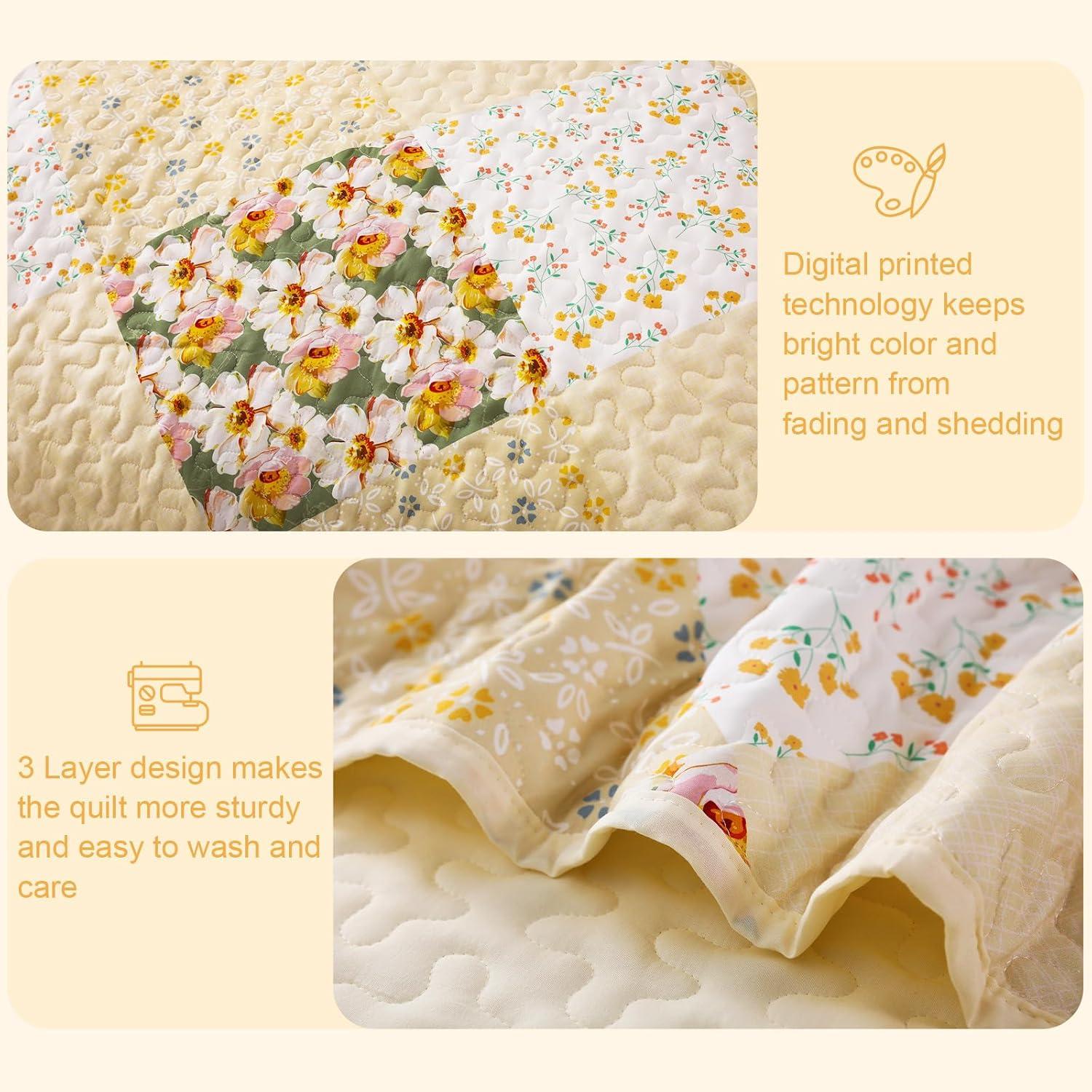 Exclusivo Mezcla Reversible Boho Quilt Set King Size, 3 Pieces Patchwork Yellow All Season Bedspreads, Ultra Soft Floral Coverlet Bedding Set with Printed Pattern (1 Quilt, 2 Pillow Shams)