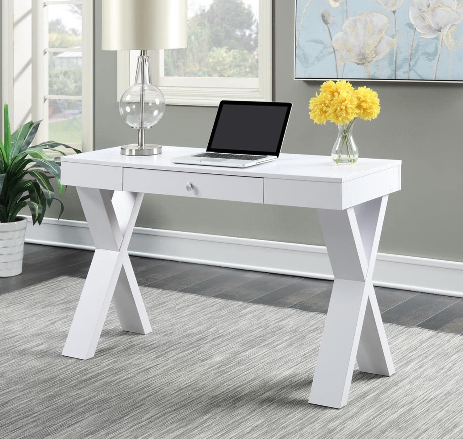 Newport Crisscross White Desk with Sleek Storage Drawer