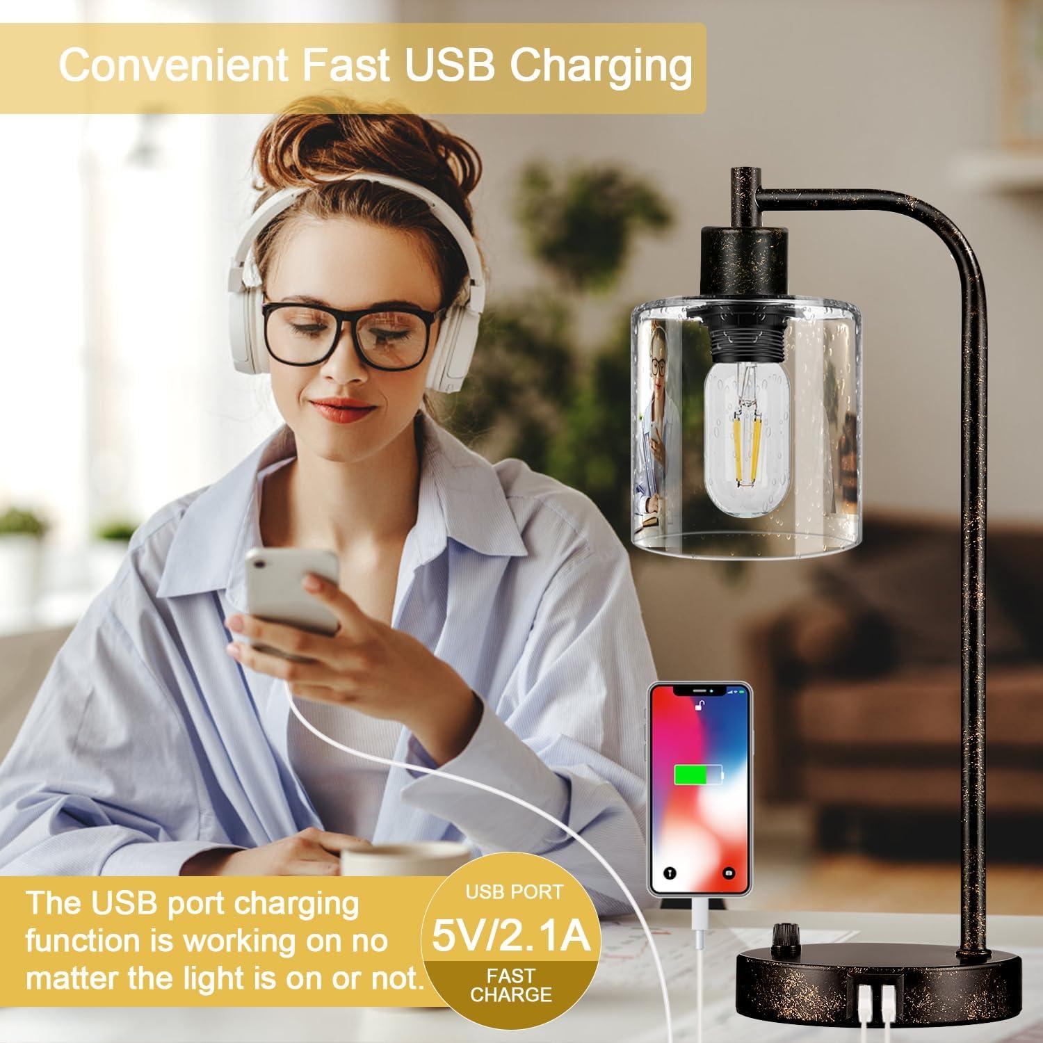 【Upgraded】Set of 2 Industrial Table Lamps with 2 USB Port, Fully Stepless Dimmable Bedside Lamps for Bedroom, Nightstand Desk Lamps with Glass Shade for Bedroom Living Room Office 2 LED Bulb Included