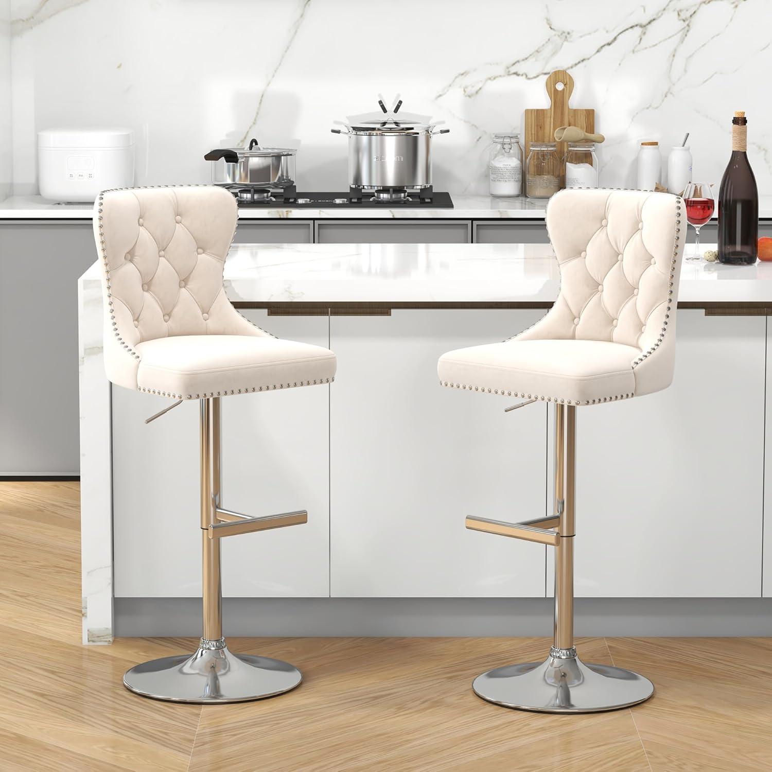 Swivel Bar Stools Set of 2, Height Adjustable Dining Chairs with Rivets, Button Tufted Back and Metal Footrest, Velvet Upholstered Side Chairs, Armless Chairs for Dining Room Bar Kitchen Island