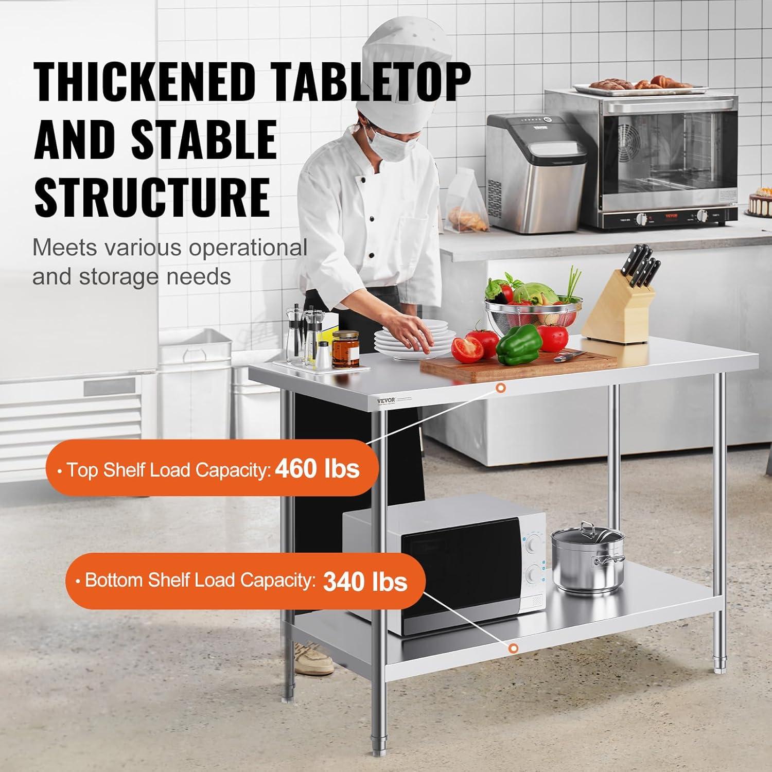 VEVOR Stainless Steel Prep Table, 48 x 24 x 34 Inch, 550lbs Load Capacity Heavy Duty Metal Worktable with Adjustable Undershelf, Commercial Workstation for Kitchen Restaurant Garage Backyard
