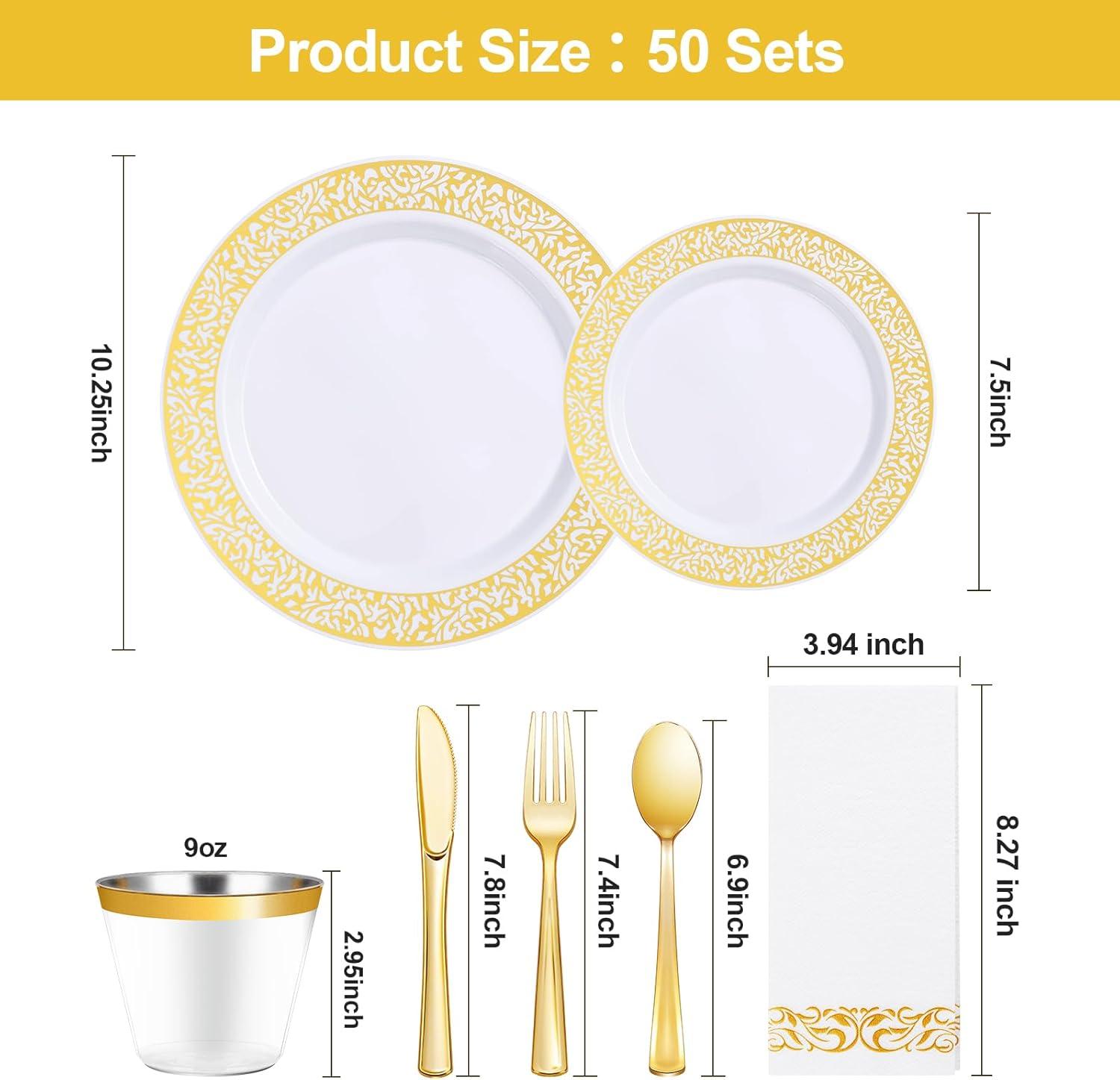 FOCUSLINE 350 Piece Gold Rim Dinnerware Set, Disposable Plastic Plates for Party or Wedding-100 Plastic Plates-50 Plastic Silverware-50 Plastic Cups-50 Linen Feel Napkins(50 Guest)