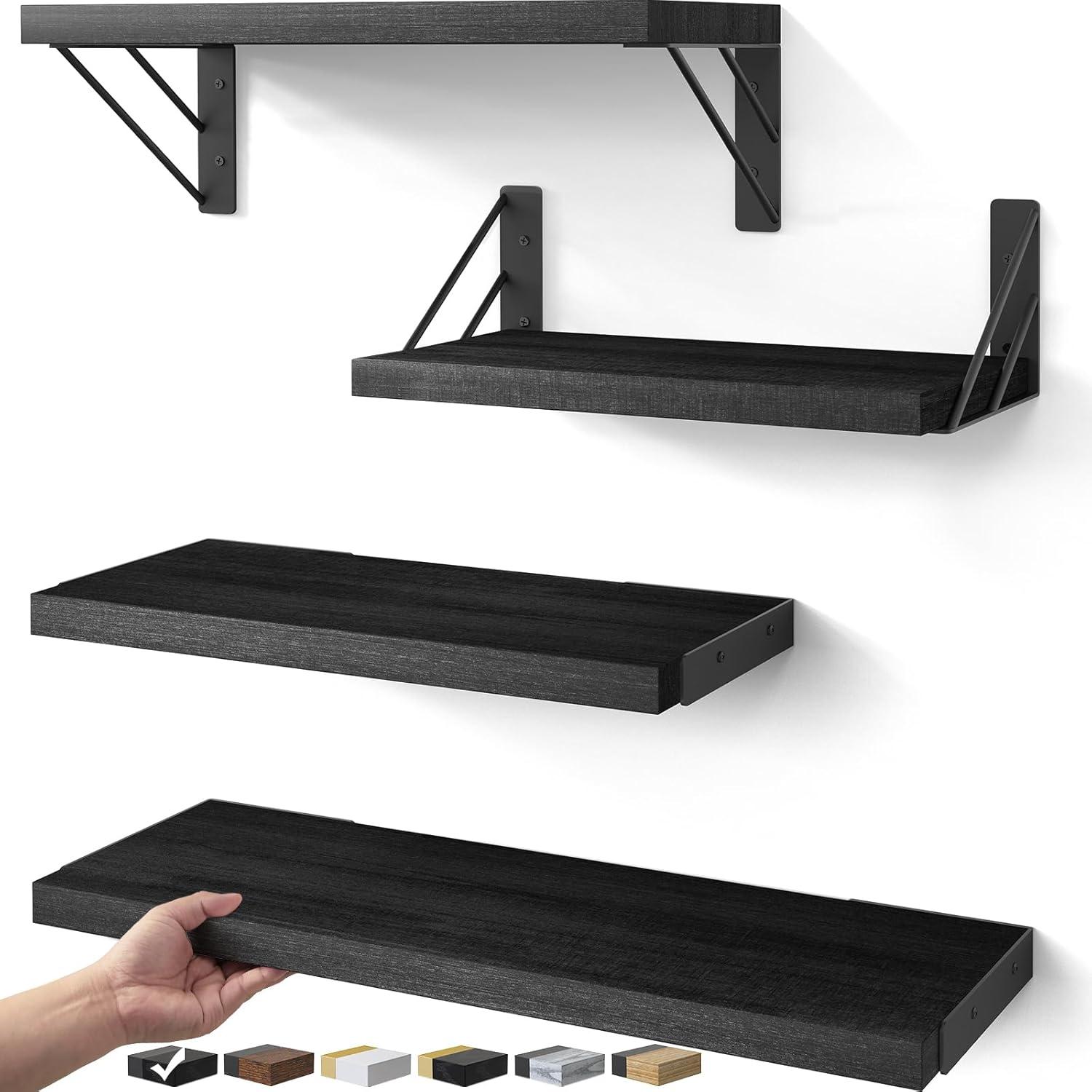 BAYKA Wall Mounted Floating Shelves, Wood Floating Wall Shelf for Books & Decor, Small Space-Saving Display & Organizer（Black，Set of 3）