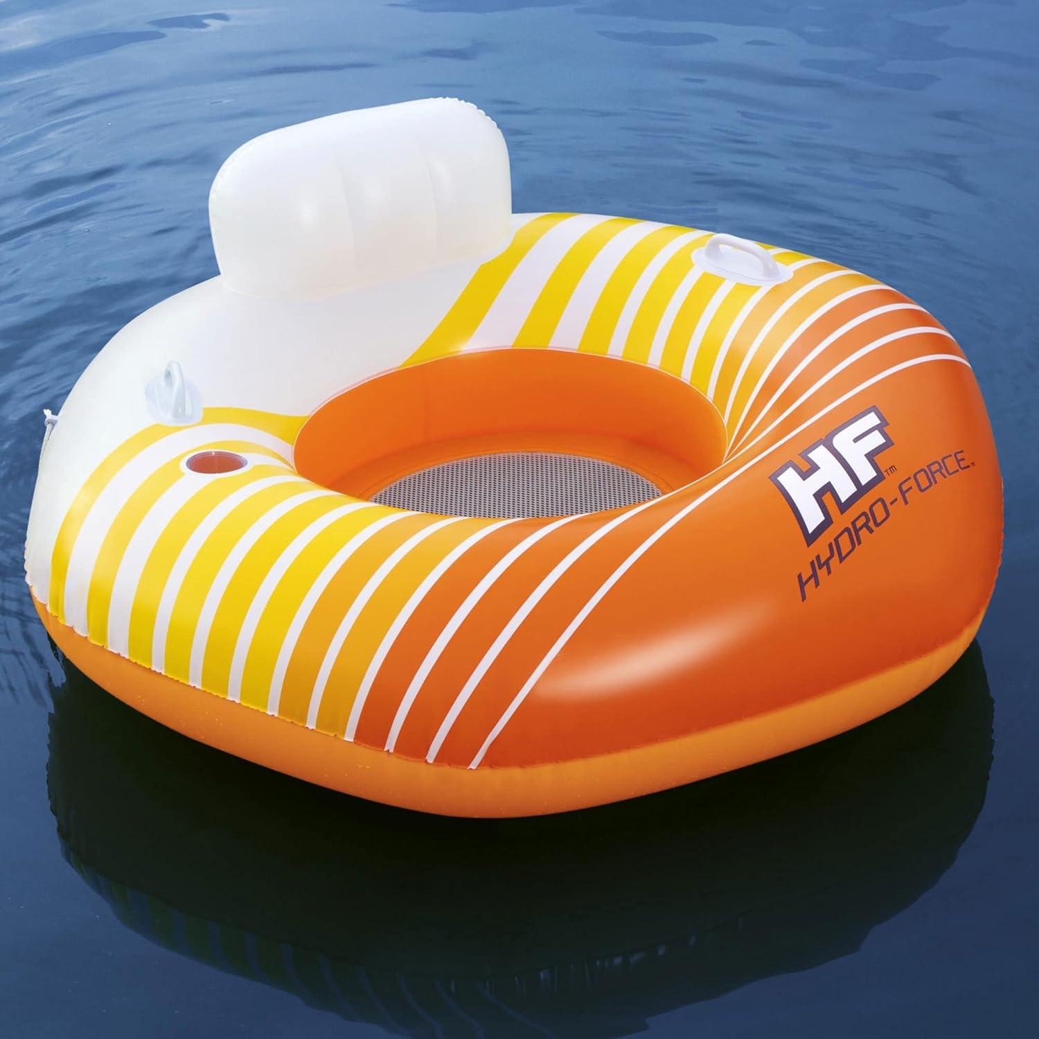 Bestway 43399E Hydro-Force Sunkissed Pool, Lake, River, Beach Inflatable PVC Clasp N Go Inner Tube Ring Float with Cup Holder, Orange and Yellow