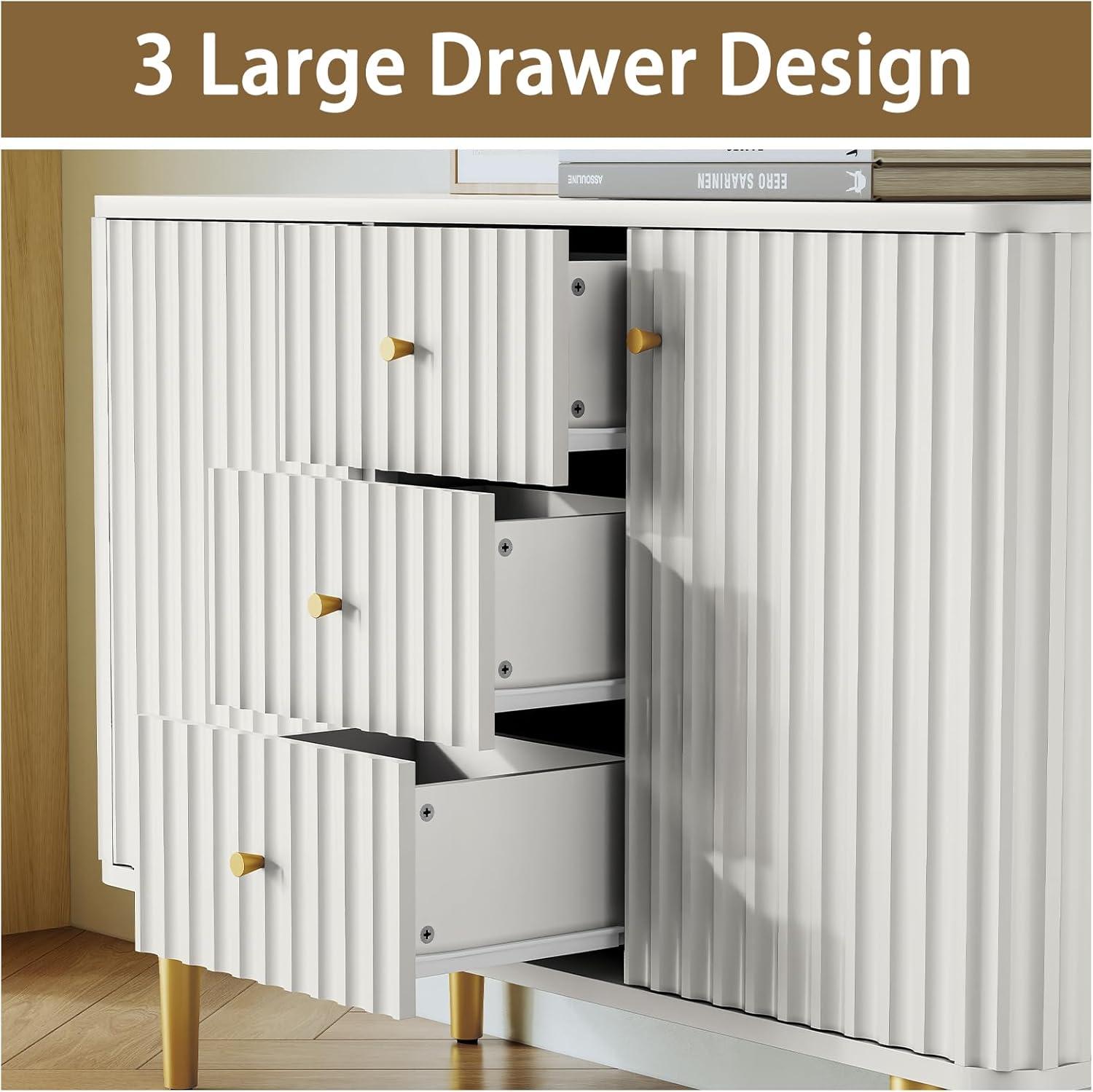 Lunale 48" 3-Door Storage Buffet Cabinet, Cabinet with Vertical Stripes Design Doors and Metal Handles for Living Room, White