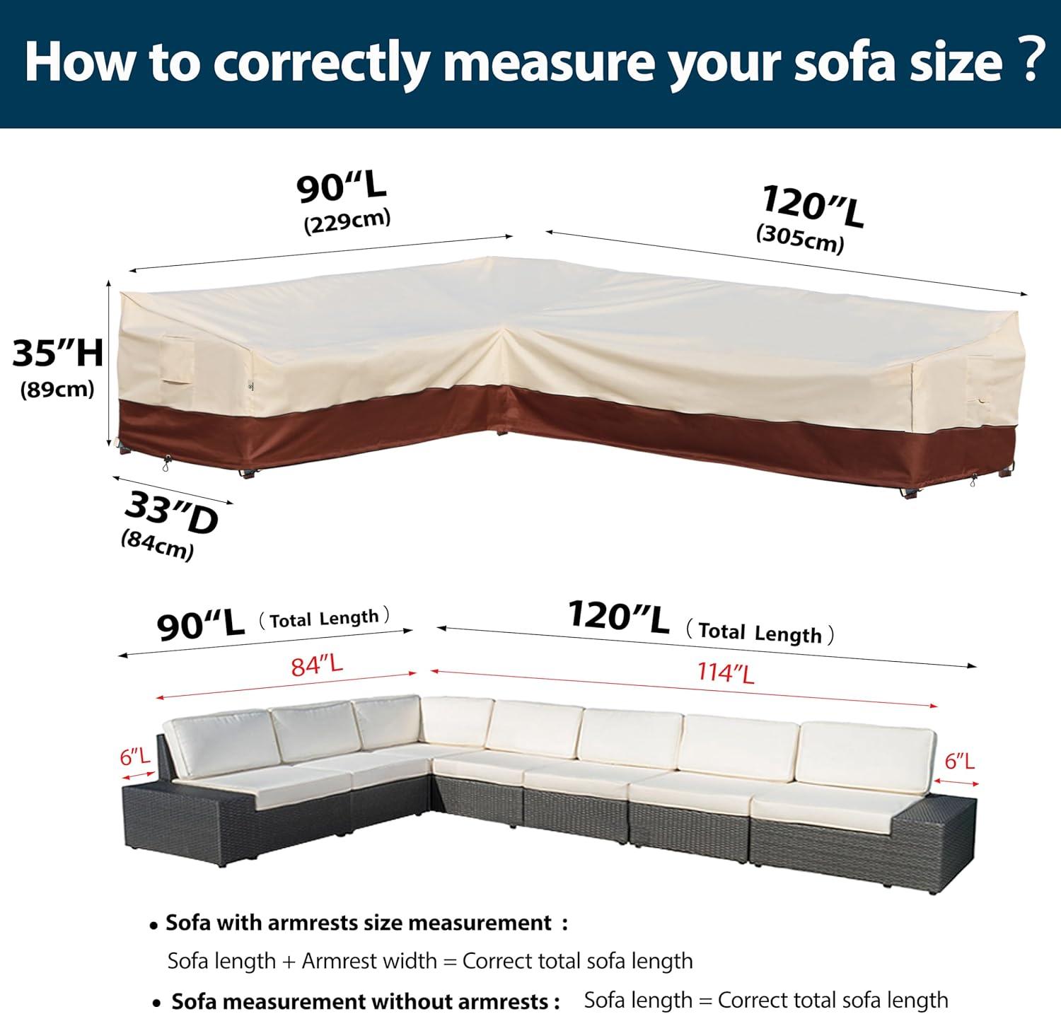 Outdoor Sectional Cover-V-Shaped Garden Patio Furniture Covers Waterproof Rip-Stop Anti-UV 600D Heavy Duty Outdoor Couch Cover with 3 Air Vents Sofa Cover 85''L 33.5''D 31''H,Beige & Reddish Brown