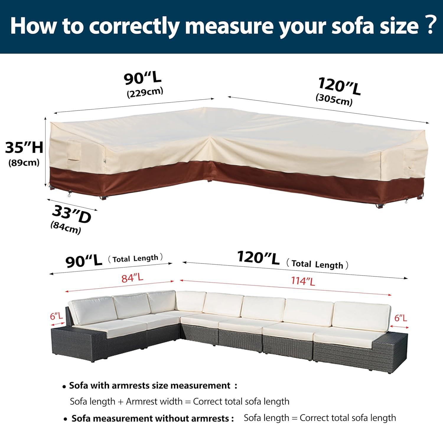 Outdoor Sectional Cover-V-Shaped Garden Patio Furniture Covers Waterproof Rip-Stop Anti-UV 600D Heavy Duty Outdoor Couch Cover with 3 Air Vents Sofa Cover 85''L 33.5''D 31''H,Beige & Reddish Brown