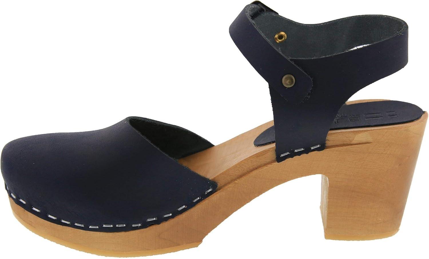 Navy Genuine Leather Ankle Strap Clog Sandals