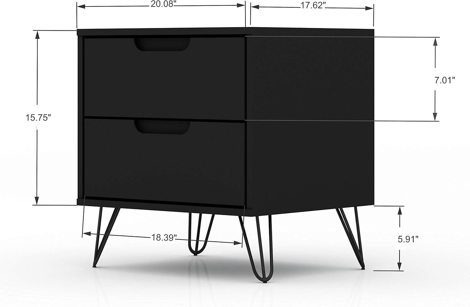 2.0 Rockefeller Nightstand Black - Manhattan Comfort: Modern Bedside Table with Metal Legs & Storage