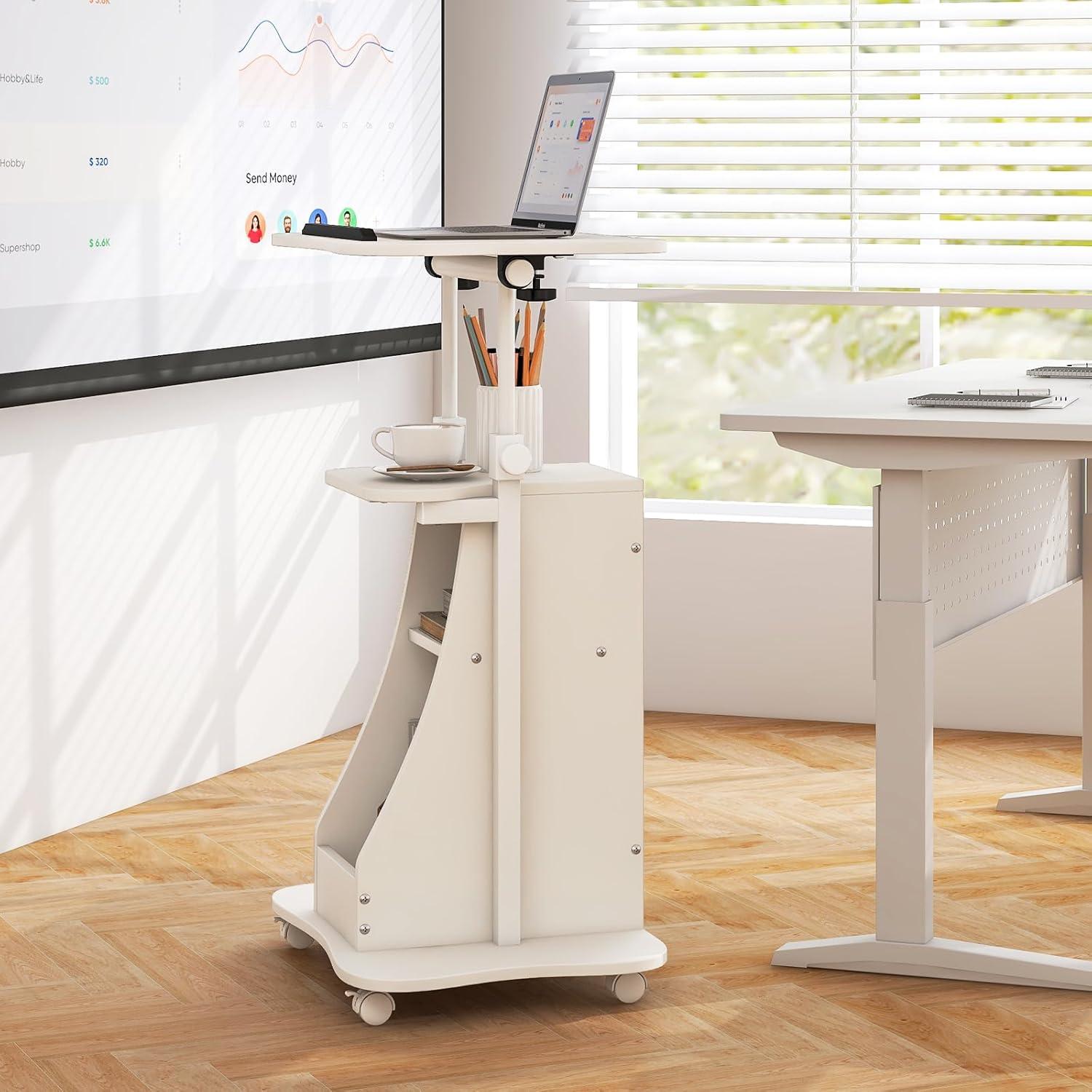Costway Mobile Podium Stand Height Adjustable Laptop Cart with Storage Compartments Rolling Lectern with Lockable Casters for Classroom Office White