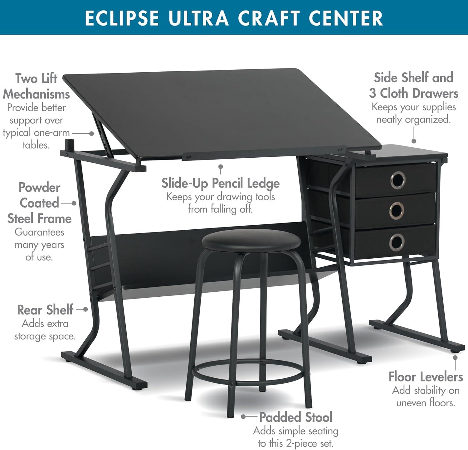 Studio Designs Home 2pc Eclipse Ultra Center/Drawing Table with Angle Adjustable Top, Storage Shelf, and Drawers with Padded Stool Set Black