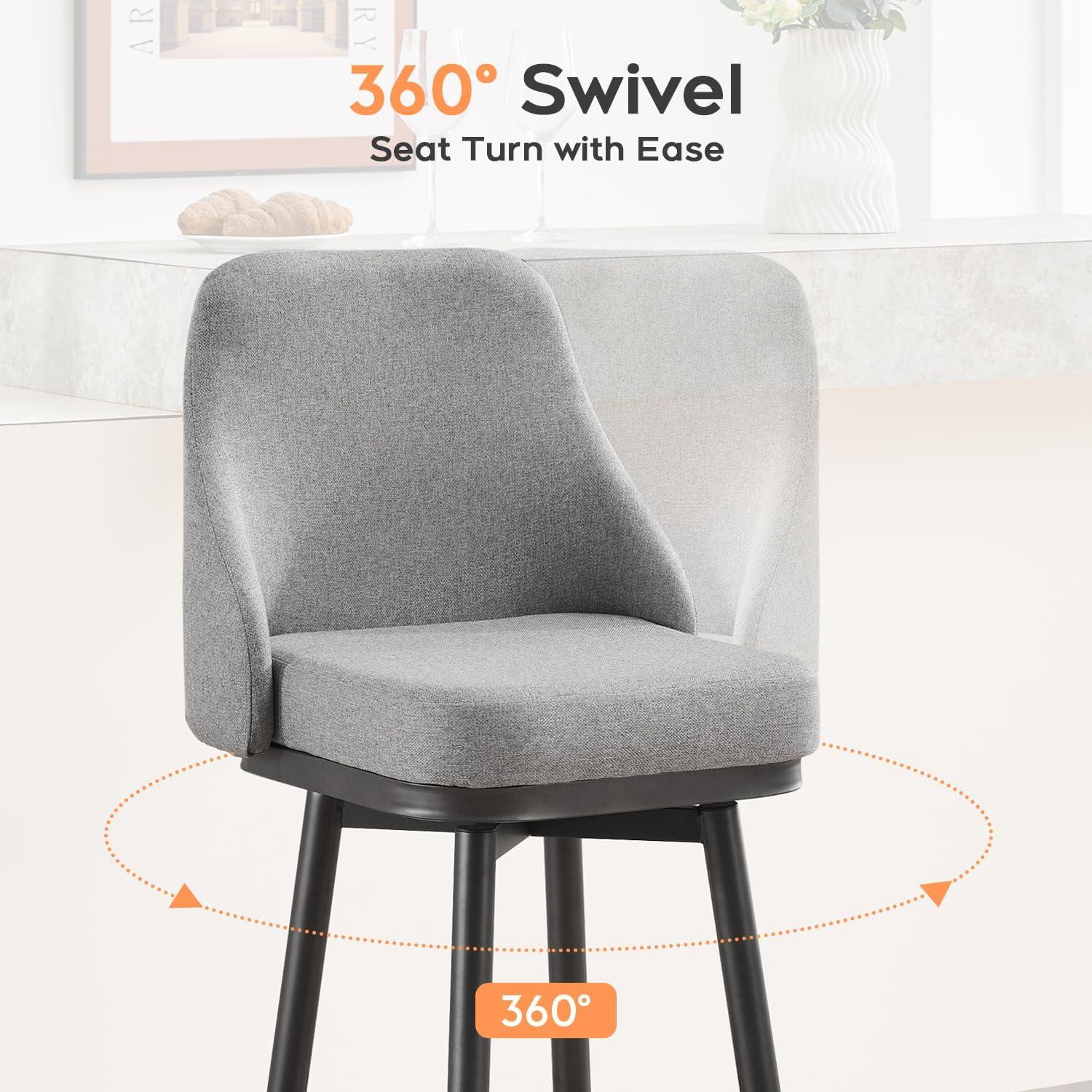 ELIASER Bar Stools Set of 2,Counter Height Barstools Swivel Chair for Kitchen Counter with Back Upholstered Linen Foam Cushion,Metal Leg 29 Inch and 24 Inch Gray