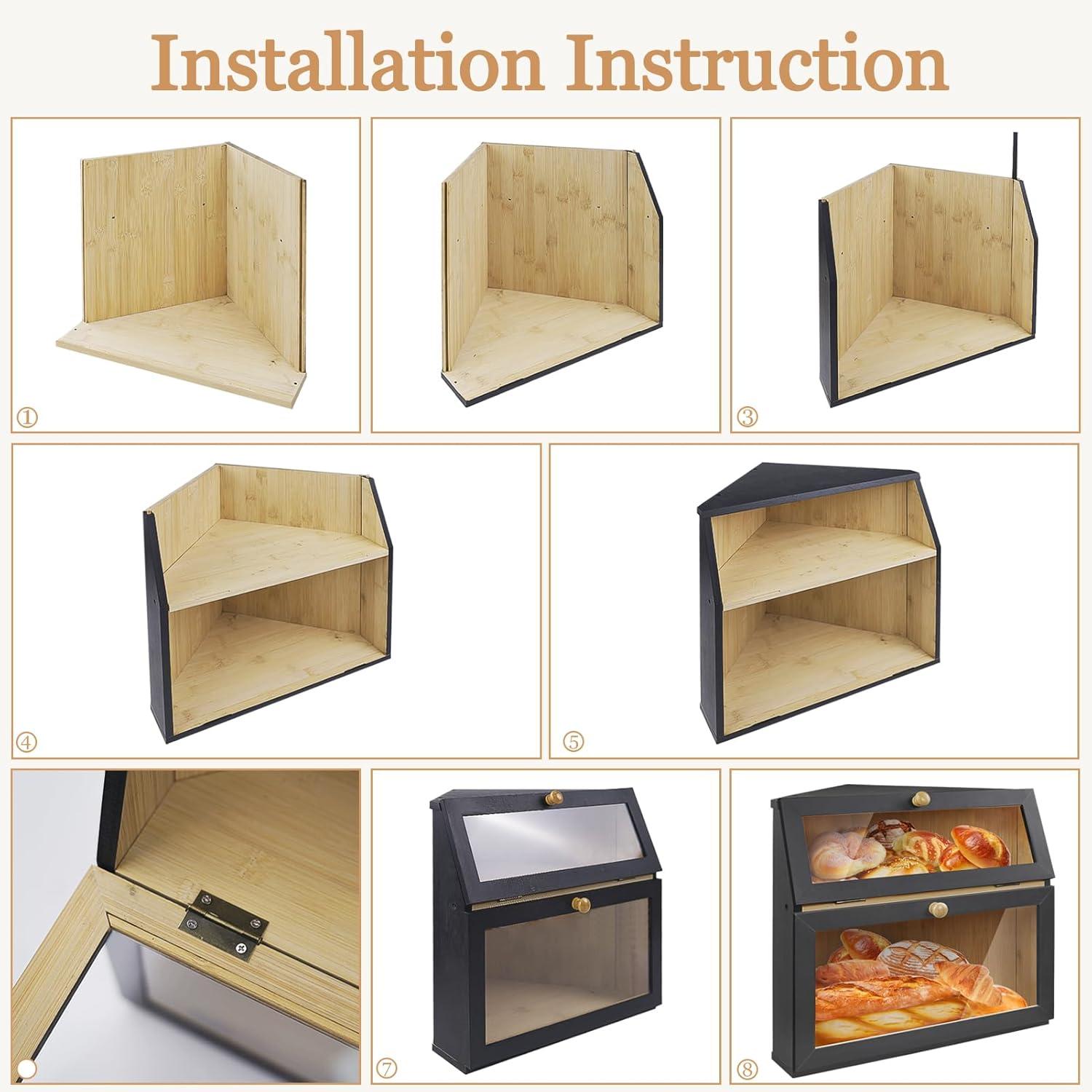 Bamboo Bread Container for Countertop, Double Layer Bread Storage with Acrylic Door Panel, Wooden Large Capacity Storage Bins for Kitchen Pantry Cupboard(Black)