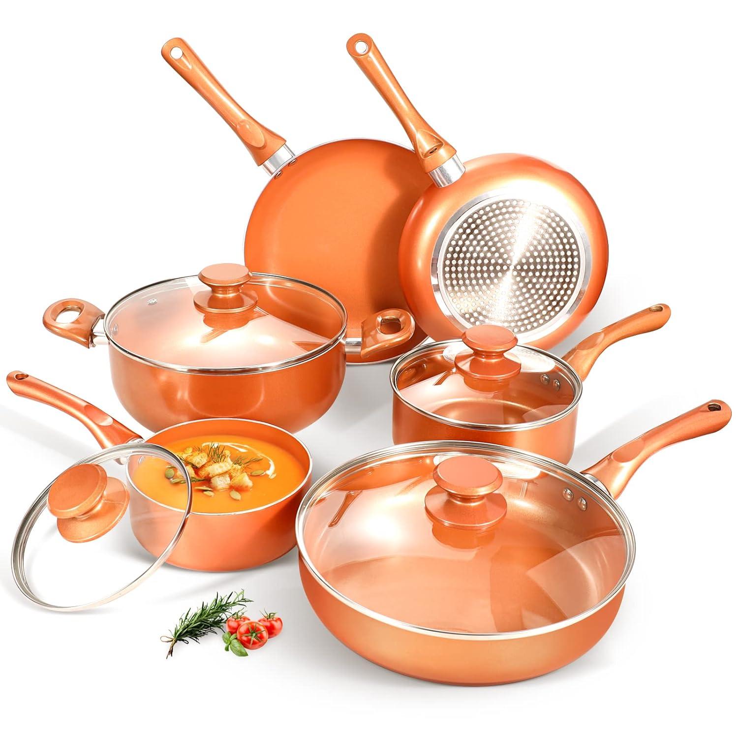 Clockitchen Non Stick Pots and Pan Set, 10pcs Cookware Set with Ceramic Coating, Non-toxic Cooking Pot, Compatible with All Stoves, Copper