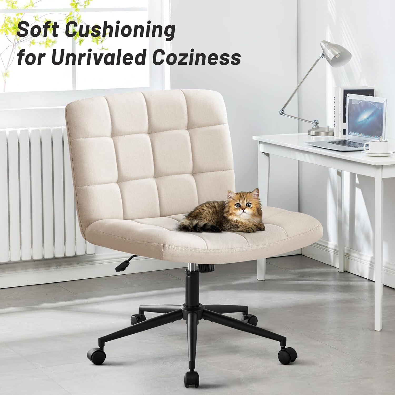 Furniliving Home Office Desk Chair with Wheels,Criss Cross Legged Wide Chair Armless Height Adjustable Chair with Mid Back Swivel Accent Vanity Chairs,Linen-Beige