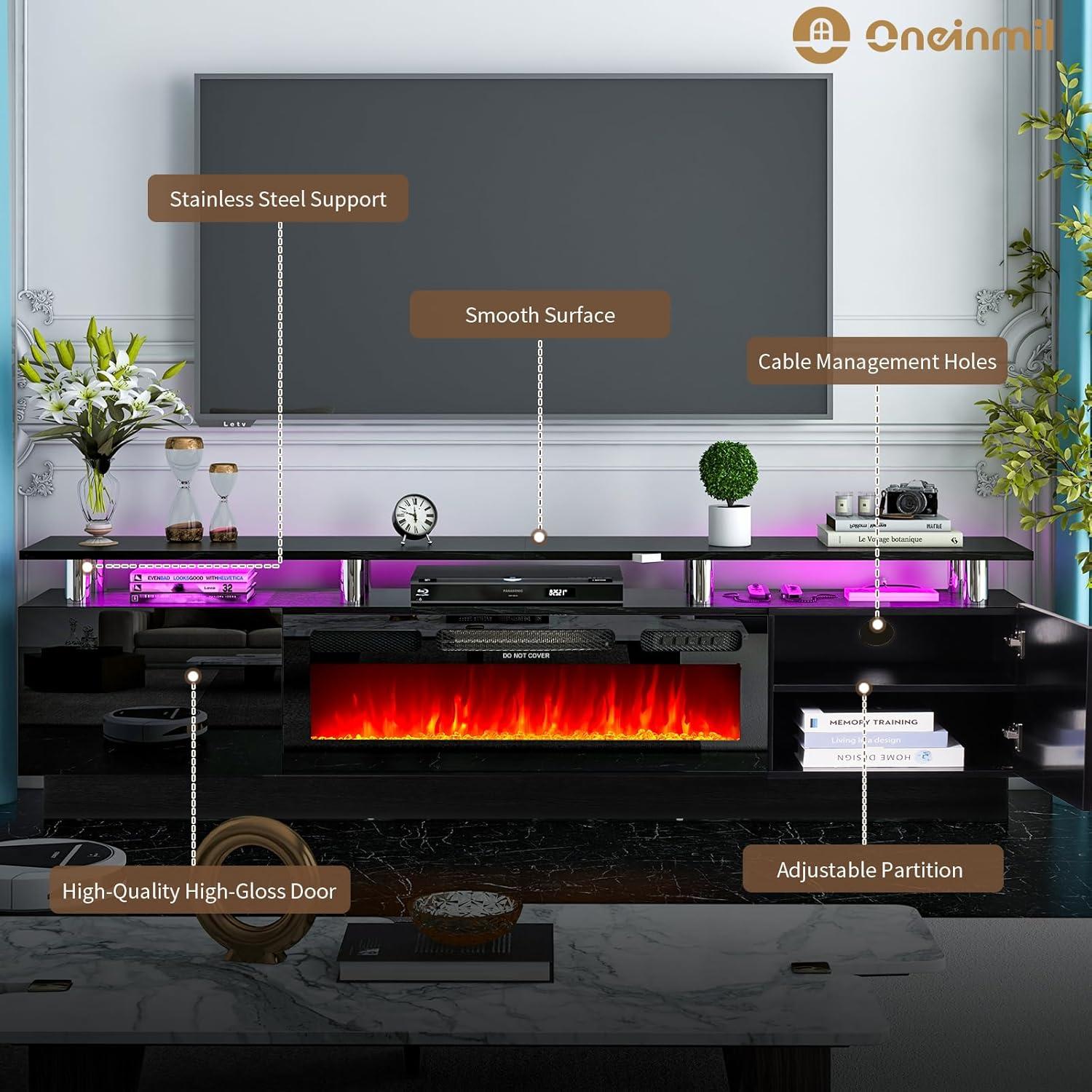 AOXUN Fireplace TV Stand with 36" Electric Fireplace, 80" 2 Tier TV Console Stand for TVs Up to 90", Black