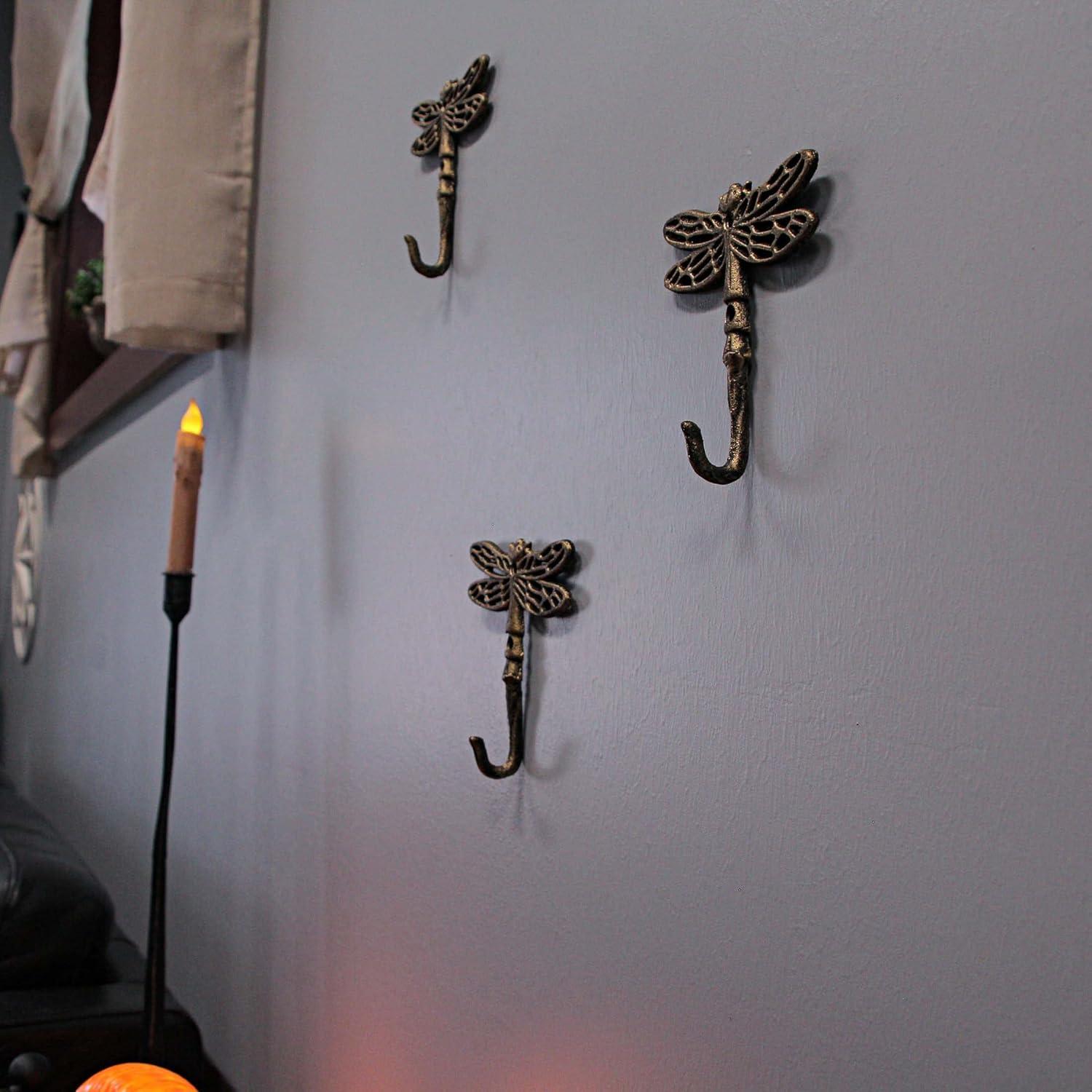 Zeckos Gold Cast Iron Dragonfly Wall Hook 5 inch Home Decor Set of 3