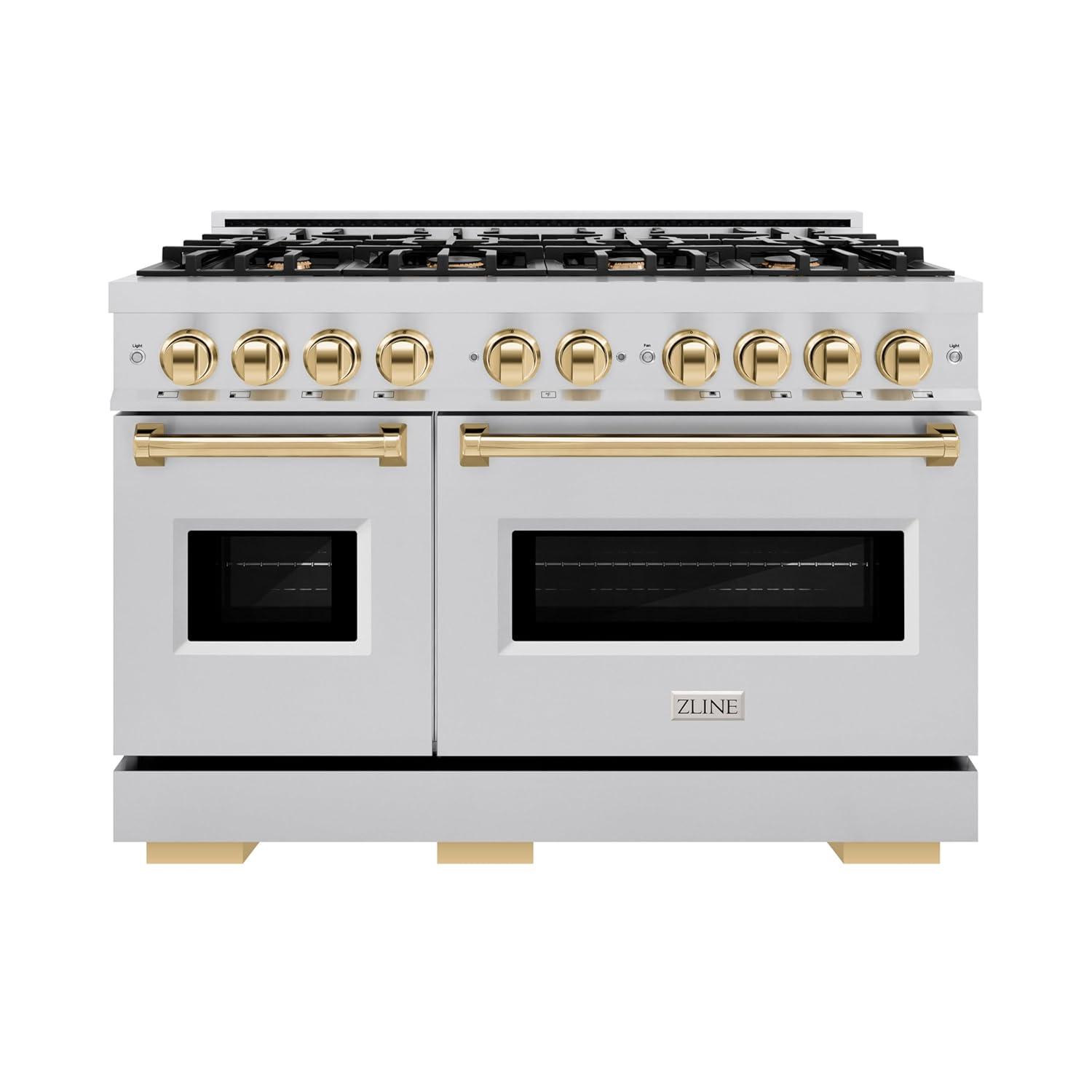 ZLINE ZLINE Autograph Edition 48 in. 6.7 cu. ft. Classic Double Oven Gas Range W/ 8 Burner Cooktop in Stainless Steel & Matte Black Accents (CGRZ-48-MB) CGRZ-48-G