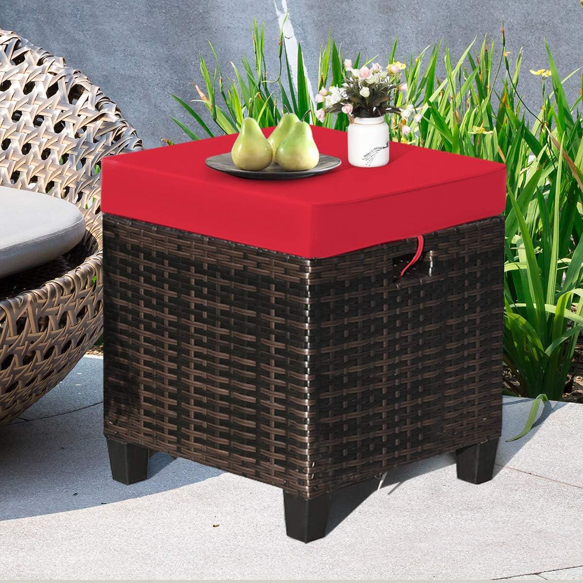 Outdoor Brown Wicker Ottoman with Red Cushions, Set of 2