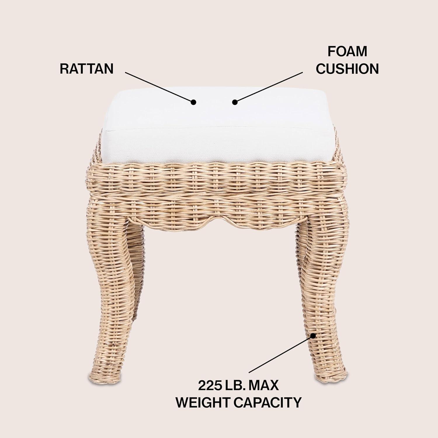 JONATHAN Y Rowan 19.7" Bohemian Designer Woven Rattan/Wood Vanity Stool, White Cushion with Natural Frame