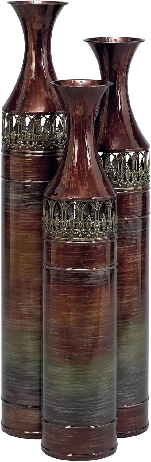 DecMode 34", 31", 28"H Tall Ombre Bronze Metal Vase with Laser Cut Antefix Design, Set of 3