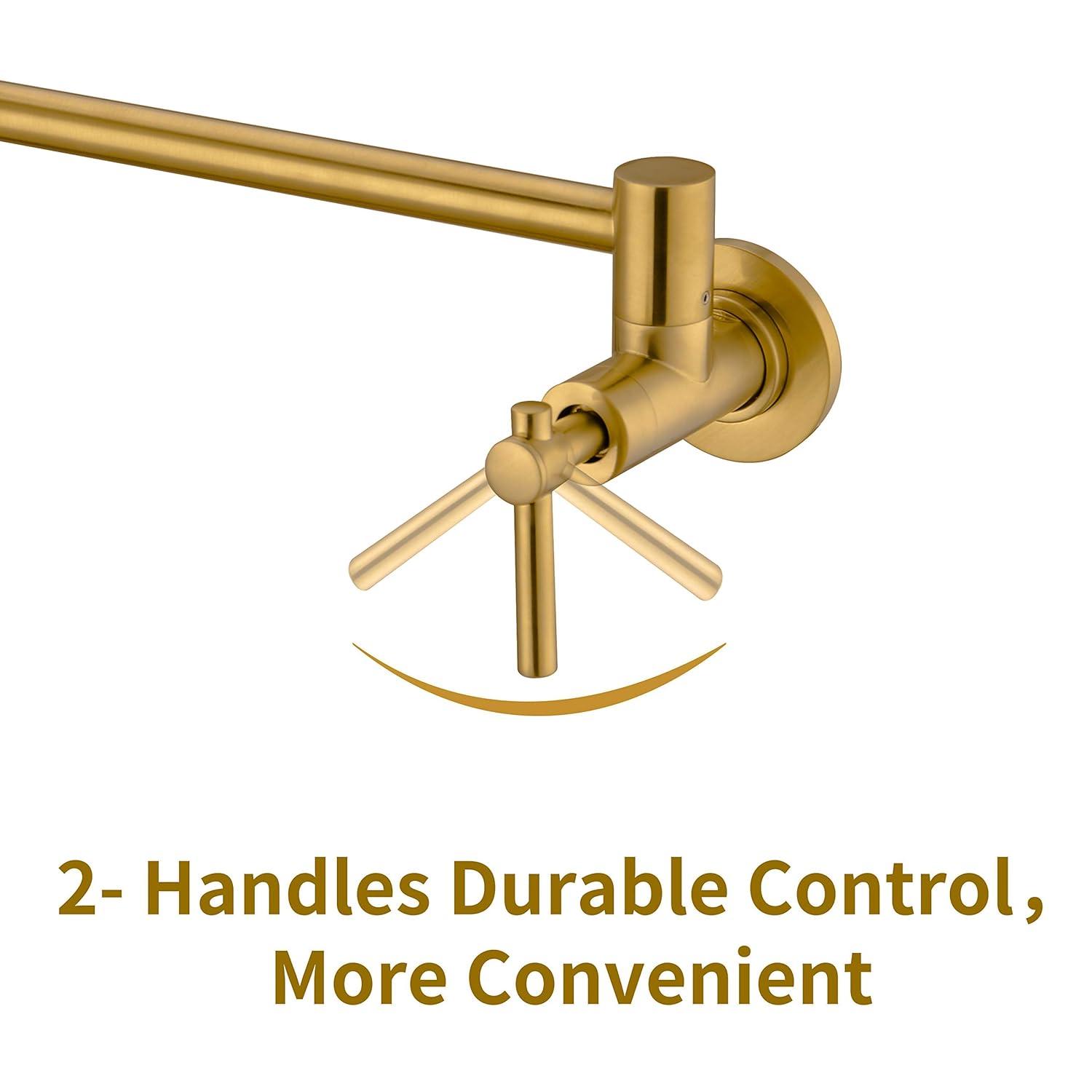 Wall Mount Pot Filler, Gold Brass Pot Filler Faucet with 2 Handles, Single Hole Stretchable Faucet with Double Joint Swing Arm Pot Filler above Stove