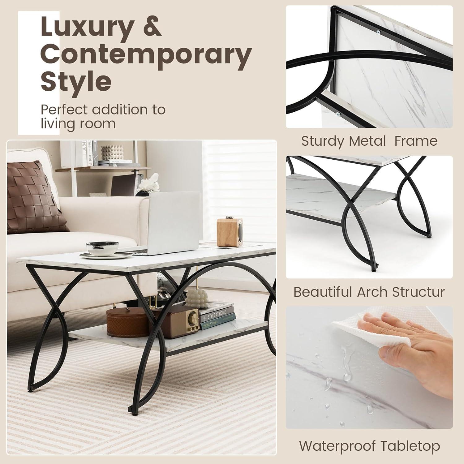 Kepooman Coffee Table,Center Table, Modern Sofa Table Tea Table,2-Tier Faux Marble Coffee Table with Marble Top and Metal Frame-Black & White