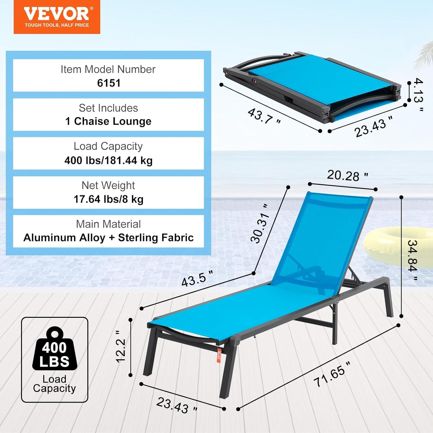 VEVOR Chaise Lounge Chair Outdoor, Aluminum Patio Lounge Chair with Adjustable 5-Position, Folding Pool Lounge Chair